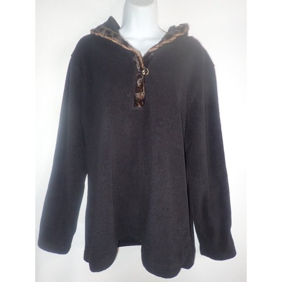 Wooly Bully Fleece pull over Hooded Top Women XL Button Neck Black faux fur trim - Picture 1 of 7